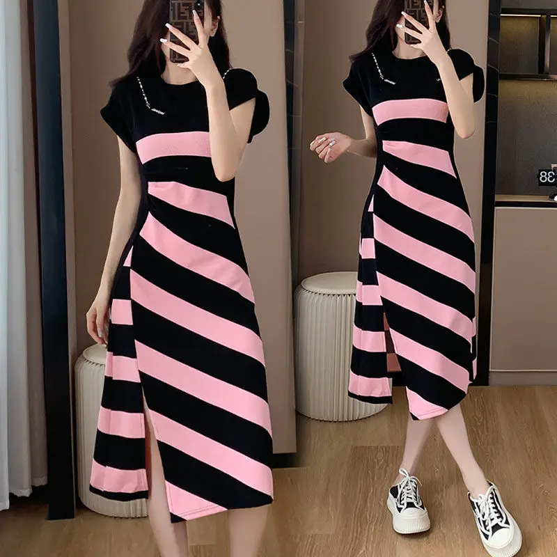 Moda feminina rosa listra retalhos split midi vestido 2025 verão novo o-pescoço manga curta t camisas vestidos roupas casuais