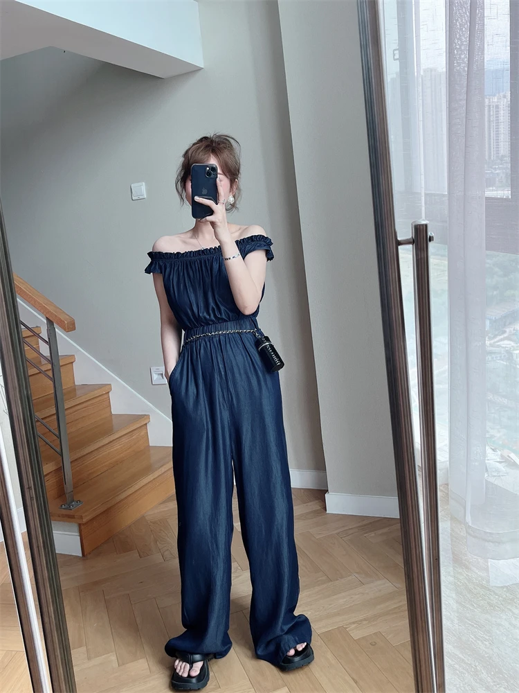 

Blue High-Waist Denim One-Piece oulder Baring Bodysuit Sexy Neline Summer New Arrival Women's Sweet Sle Long Straight Leg