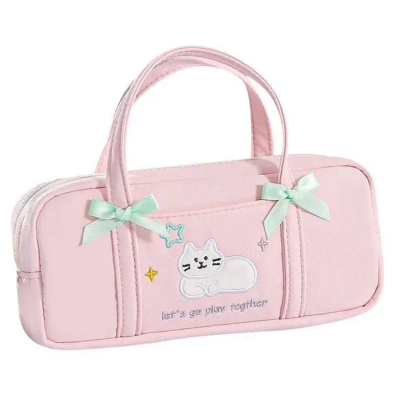 Cute Bow Kitten Pencil Bag Portable Embroidery Minimalist Stationery Holder 1PC for School Work Travel Daily Use