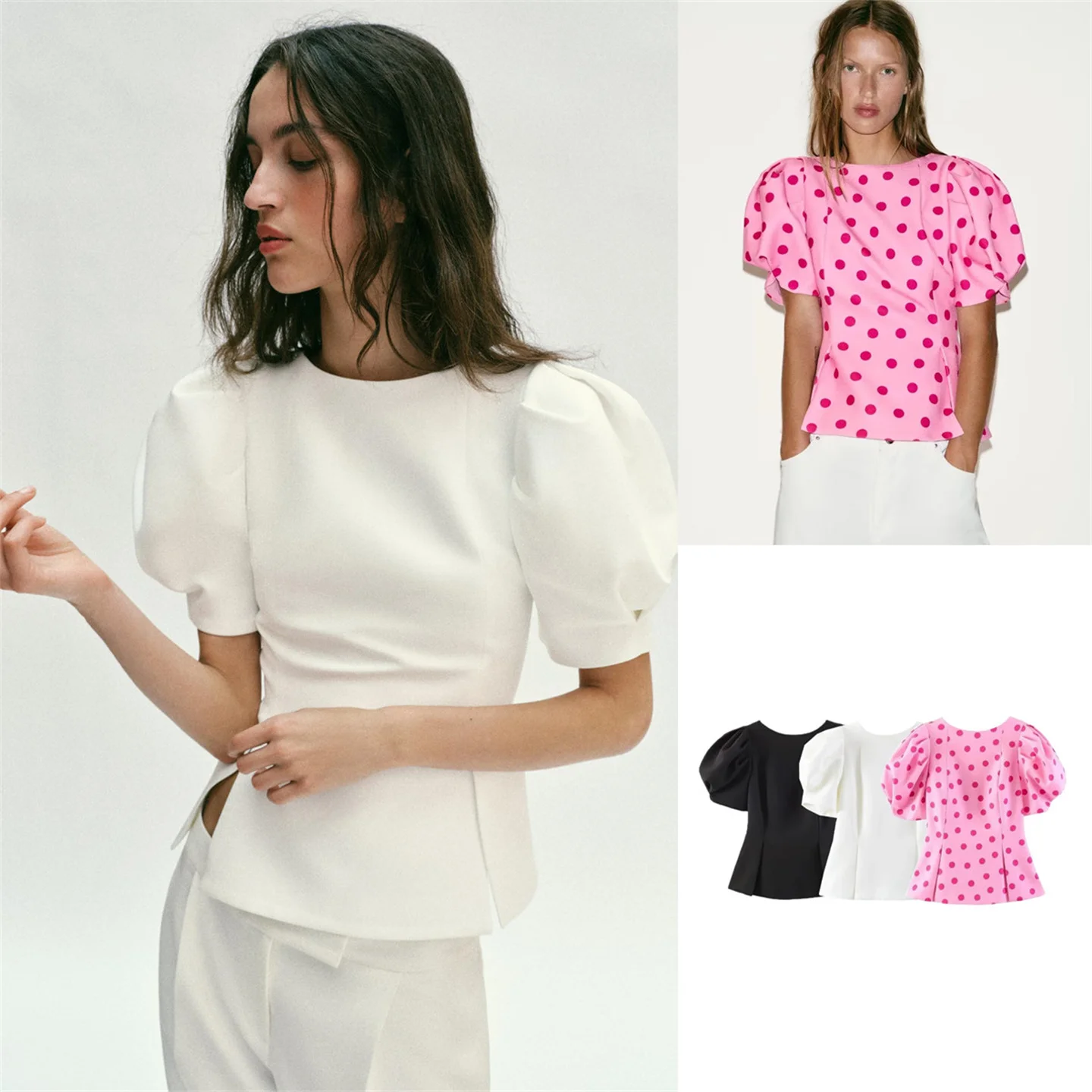 

Slim Fit Short Sleeve round Neck Bubble Shirt Women's Casual Style Cotton Top Waist Cinched Short Length Summer New Arrival