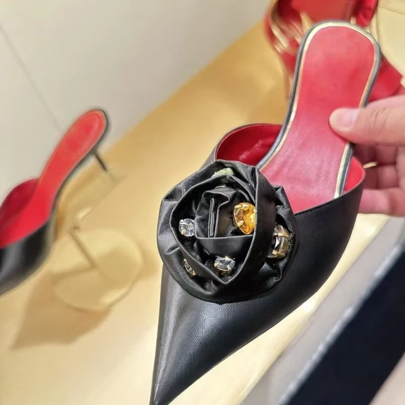 

Black Rhinestones Rose Mule Stiletto Slippers Woman Summer 2026 Flower Pointed Toe Slip-On High Heel Sandals Fashion Pumps