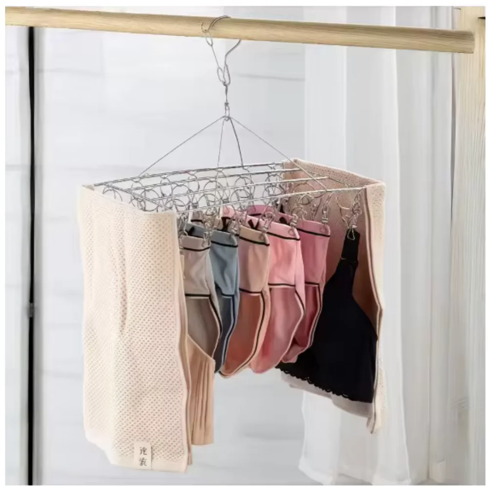 Stainless Steel Laundry Drying Rack With Multiple Clips For Socks Underwear Home Dorm And Outdoor Use Not easy to fall off