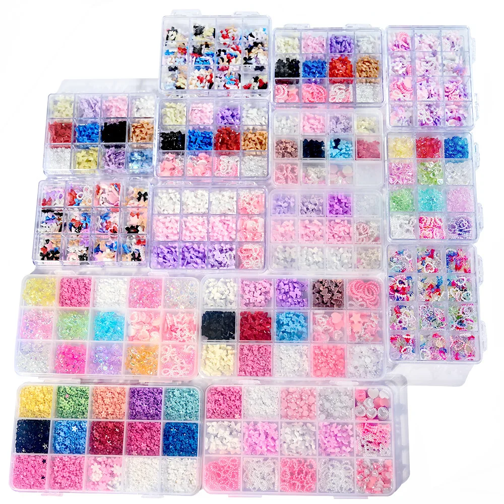12 rasters 3D roze strikken lint nail art decoraties 12 stijl gemengde vlinder strik nagel charmes kawaii parels manicure accessoires