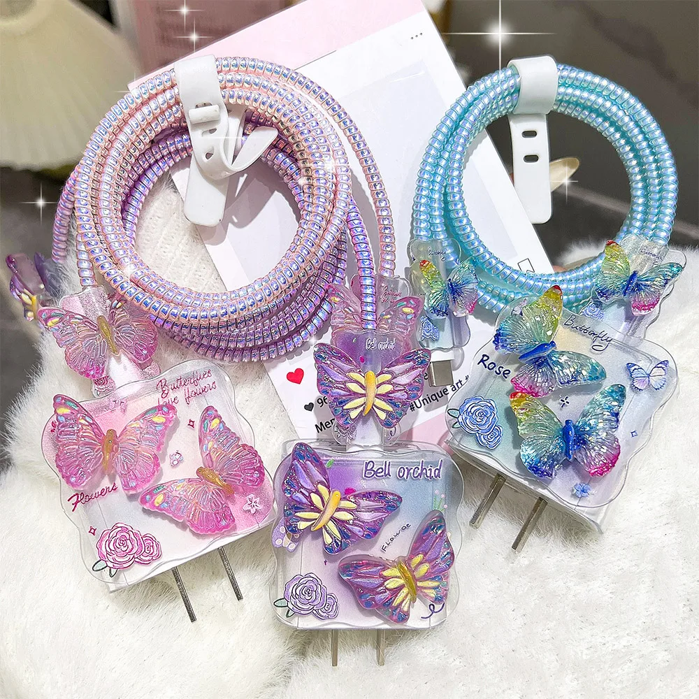 Butterfly Wire Winder Cable Organizer Protector Case For iPhone 15 16 17 Pro Max 18w 20w Charging Head Cover Protective Sleeve