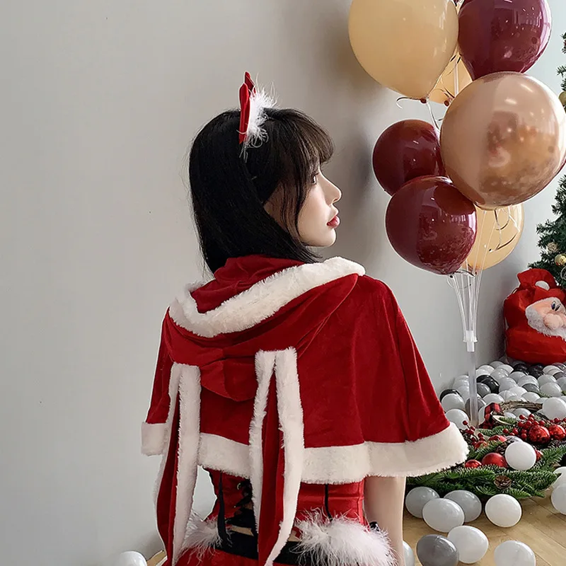 Red Christmas Santa Claus Hooded Shawl Cloak Unifrom Women Bunny Girl Rabbit Ears Cape Christmas Cosplay Costumes 1*cloak