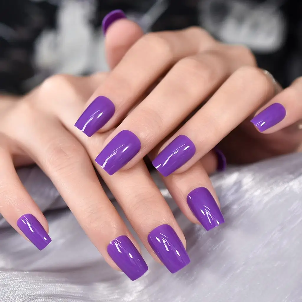 Solid Color Purple Blue Manicure At Home Reusable Fingernails Fake Nails Art Glossy Press On Nails Art With Tools