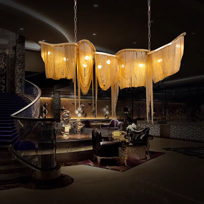 

Постмодернистский роскошный подвесной светильник с алюминиевой цепочкой и кисточкой для гостиной, ресторана, виллы, холла отеля, художественное украшение, светодиодные люстры