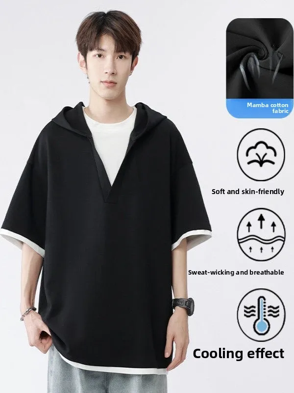 

Men's Summer ort Sve T-irt mid High Collar Hoodie Mamba Cotton Casual Loose Fit round Ne Color Faionable