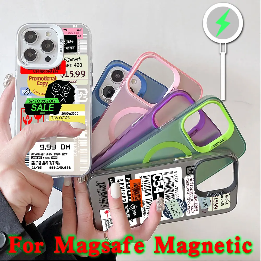 Fashion Stamp Label Barcode Magsafe Magnetic Phone Case for IPhone 11 12 13 14 15 16 Pro Max Plus Border Silver Plated Cover