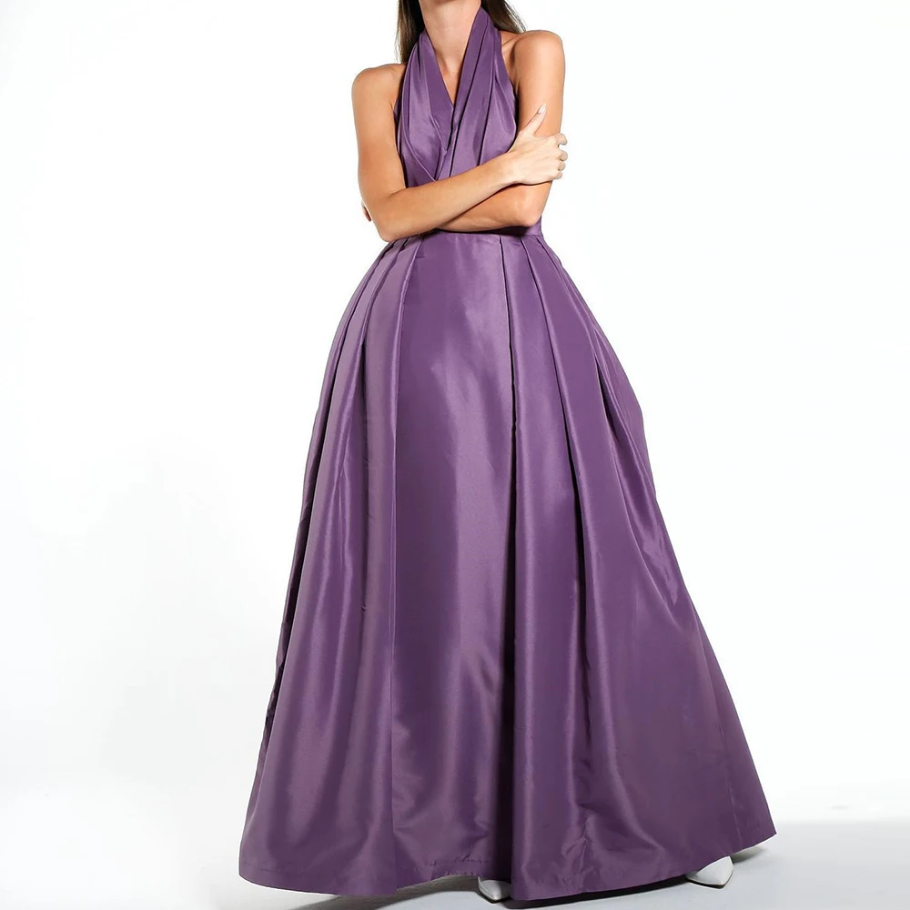 

Elegant Party Dresses Woman A-Line Halter Satin Sleeveless Ankle Length Pleats Solid Purple Dresses For Formal Occasions 2024