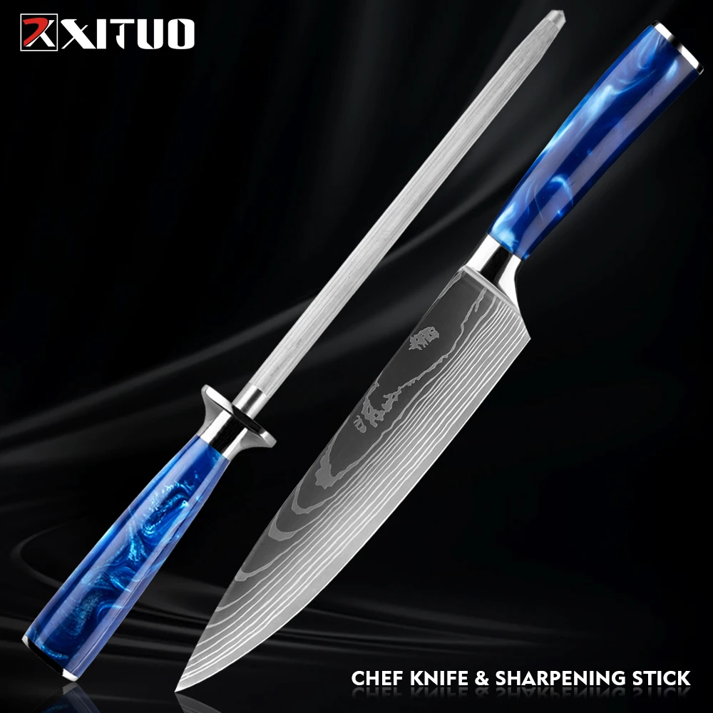 

XITUO Chef Knife and Sharpening 2Pcs Set Sharp Kitchen Knife Resin Handle knives Fast Sharpness Stick Best Combination Kitchen