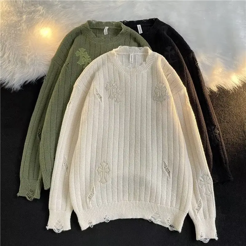 Autumn Solid Color Cross Ripped Sweater Embroidered Loose Pullover Couple's Sweater Harajuku Fashion boys and girls Hip Hop