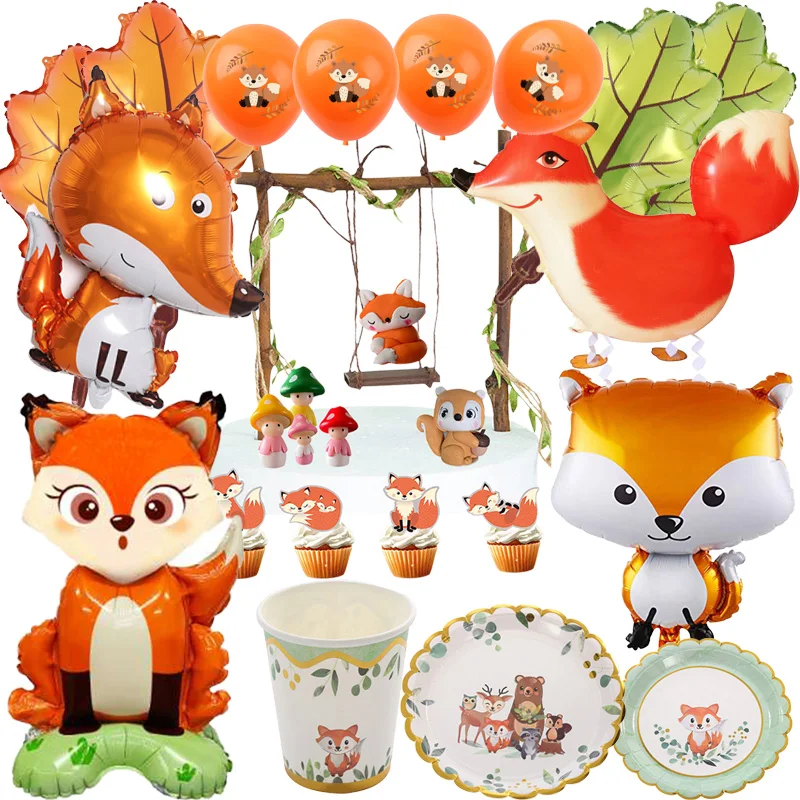 Fox Birthday Party Baby Shower Decor Supplies Zastawa stołowa Balon Cupcake Toppers Woodland Animals Theme Dress Up Kids Orange ﻿