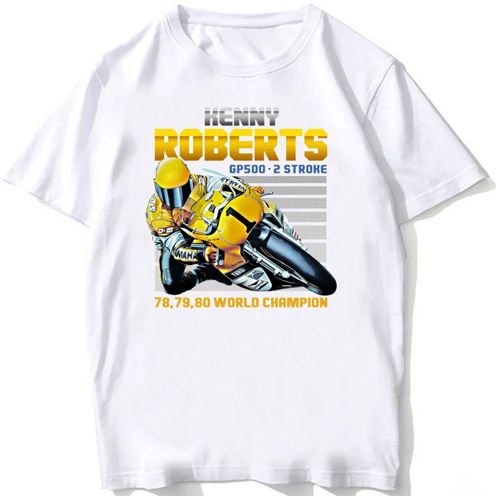 Kenny Roberts 1985 GP 500cc Race T-Shirt Men Short Sleeve Hip Hop Boy Adventure Sport Casual White Tops Motorcycle Ride Tees