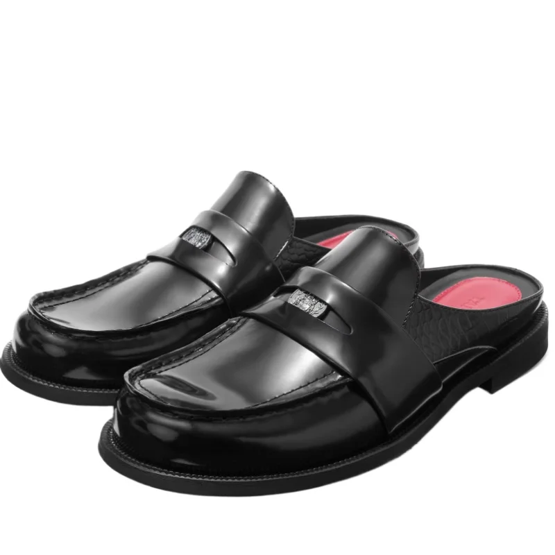 

Red Height Increasing Half Slippers Shoes for Men's Genuine Leather Thick Soled Deconstruction Loafer Cowhide Old Money Slippers