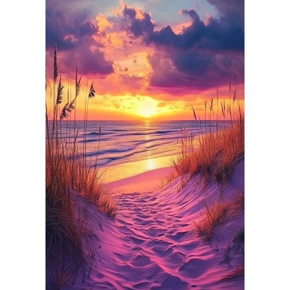 RUOPOTY Lila Strand Diamantmalerei Heimdekoration Geschenk Diamantkunst Stickerei Landschaft Vollrunde Bastelbedarf Wohnzimmer