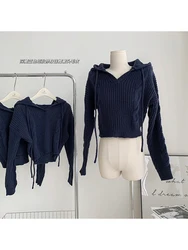 Fashion Retro Autumn Women 2023 New Design Blue Sweatshirts Long Sleeve Hooded Office Lady Casual Knitted Pullovers Y2K Sweaters