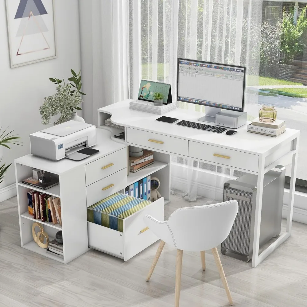 

L Shaped Desk with 5 Drawers Modern Executive Desk Wood Home Office Desk with Adjustable Shelves, 55 Inch Large Computer