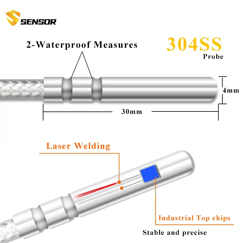 PT100 Temperature Sensor 1-10m High Temperature Probe -50-200 Degree WaterProof Anti-corrosion 304SS Temperature Sensor