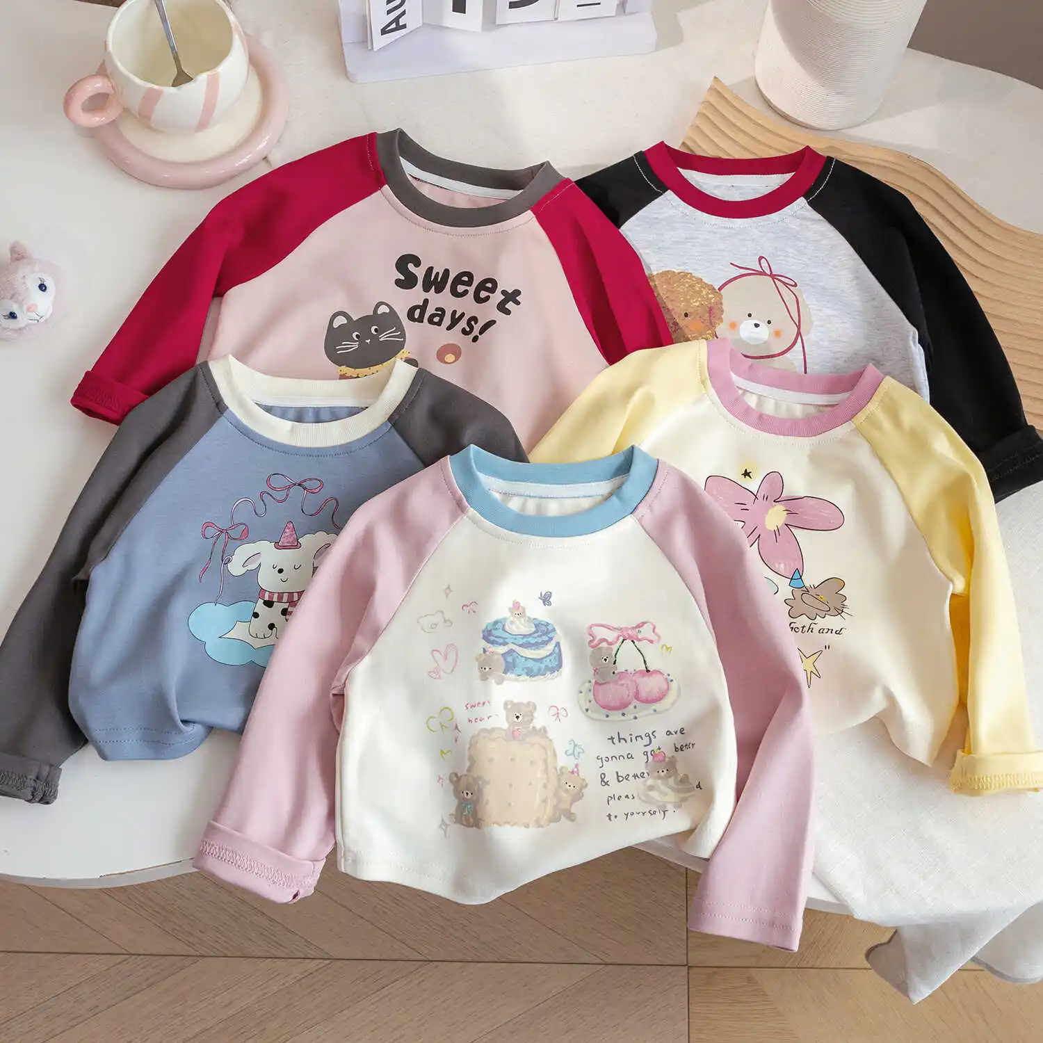 Korean Autumn Children's Treasure Cartoon T-shirt 2024 New Style Cute and Versatile Printed Color blocked Long Sleeve Base Shirt