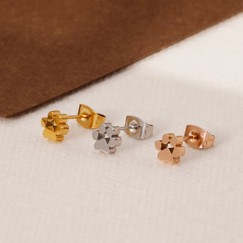 Stainless Steel Bear Cat Footprint Earrings Necklace Dog Paw Stud Earrings For Women Pet Jewelry