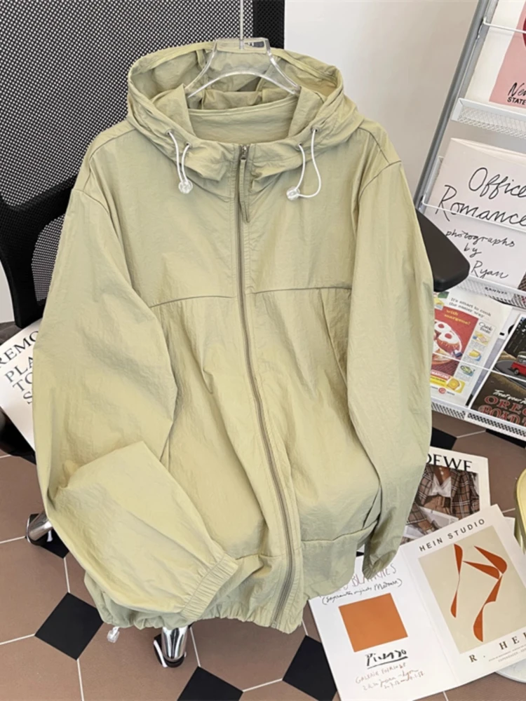 Unisex Street UV Sunscreen Hiking Jacket Men Women Lightweight Ripstop Oversized Hooded Drawstring Full - Zip Summer Coat Top