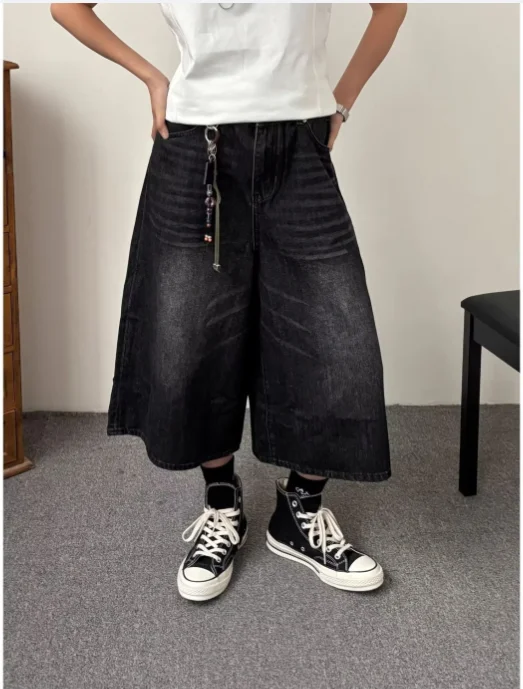 Jeans Biru Retro Celana Pendek Denim Panjang Lutut Lurus Longgar Kumis Pinggang Rendah Dicuci Pria Pakaian Musim Panas Kasual