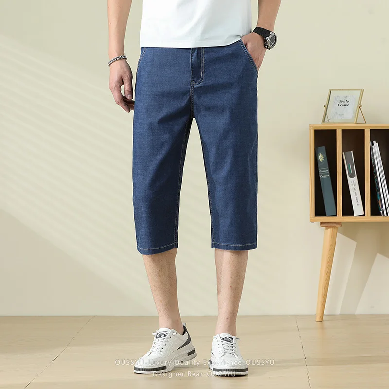 Summer Ultra-thin Men's Lyocell Denim Shorts Baggy Straight Over Knee Straight Capri Jeans Pants Business 3/4 Shorts Jorts Men
