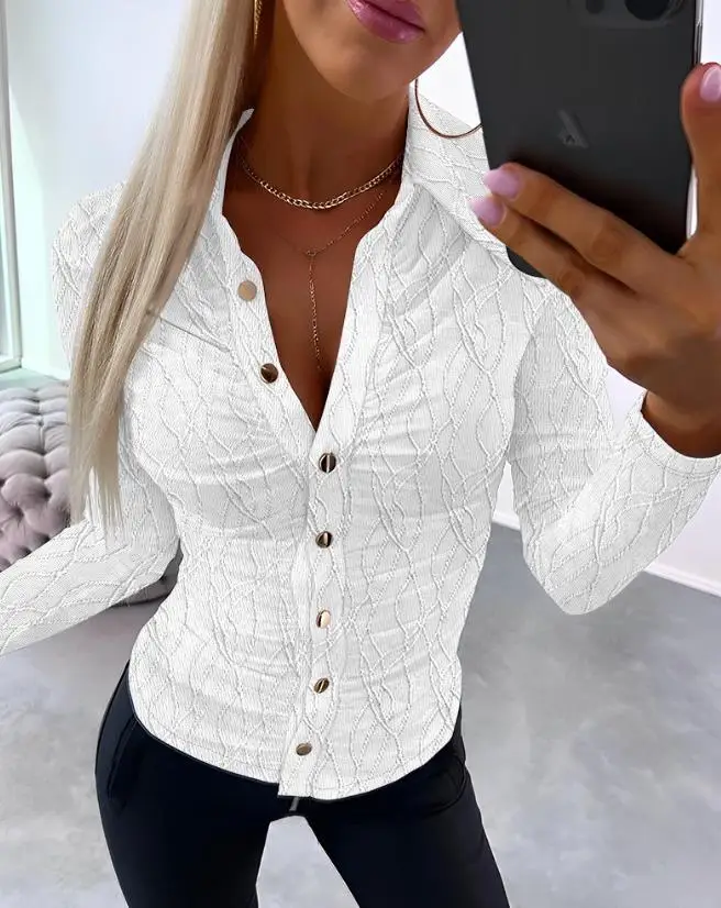 

Women's Spring New Temperament Commuting Fashion Top Ruched Buttoned Long Sleeve Textured Shirt Elegant Daily Versatile