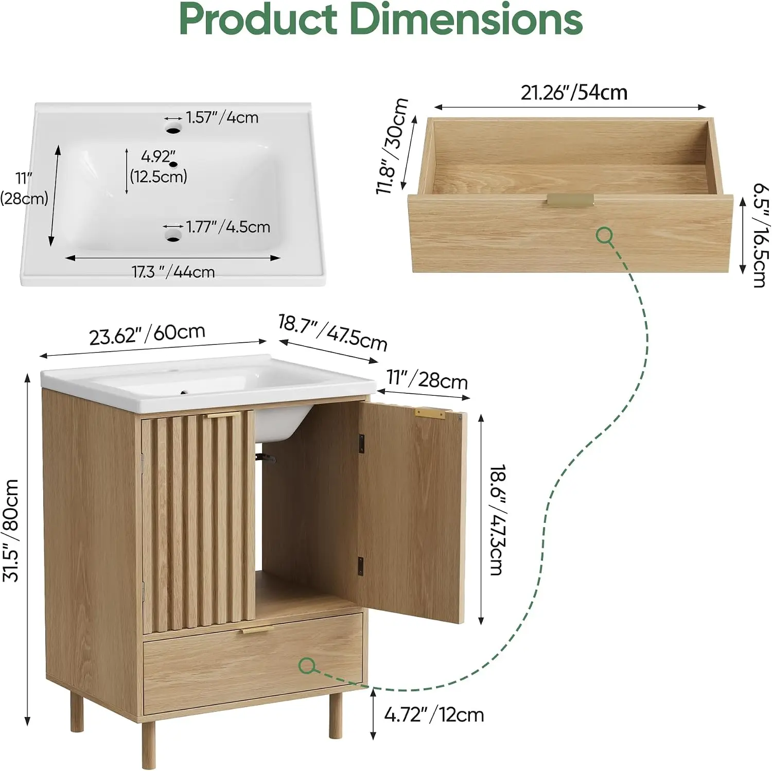 24 Inches Bathroom Vanity with Sink, Modern MDF Small Bathroom Sink Cabinet Combo Set with Fluted Soft-Close , Customized