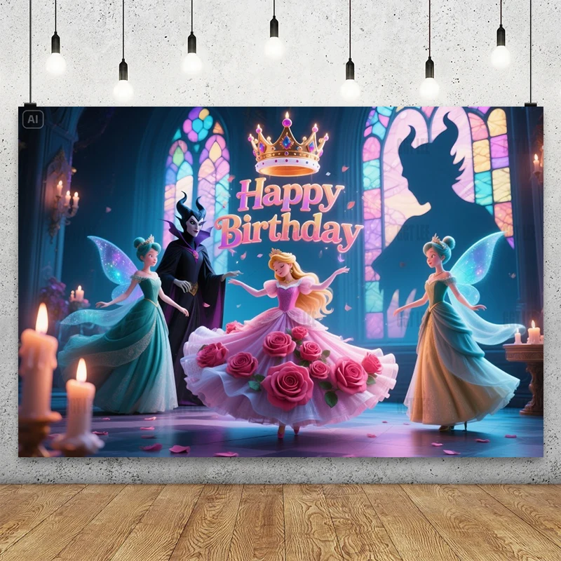 

MINISO Sleeping Beauty Royal Ball Backdrop -Banner Vinyl Party Decor Photography Happy Birthday Background Ball Backdrop