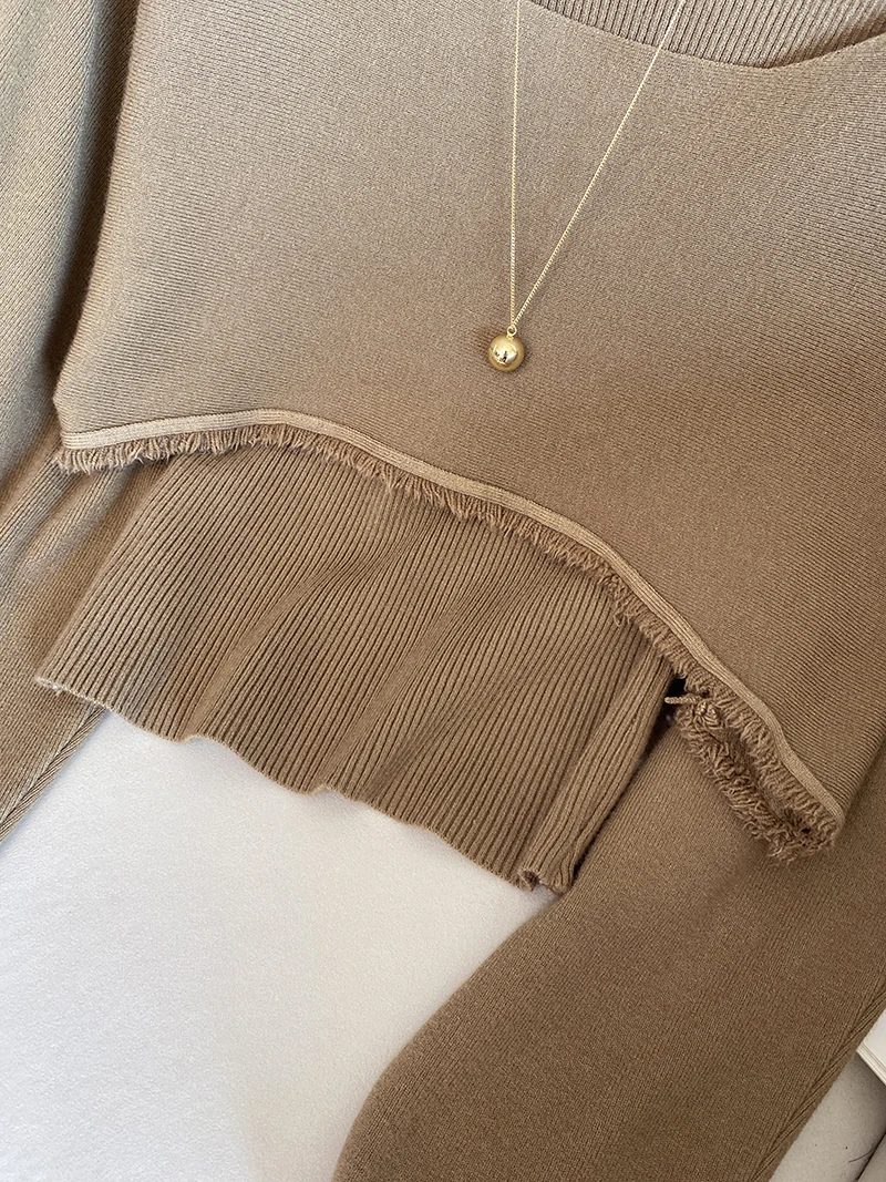 Early Autumn Lightweight Mature Sweater oulder Bared Vest Vintage Tassel High Waist Slimming Two Piece Set Commute Sle Lo...