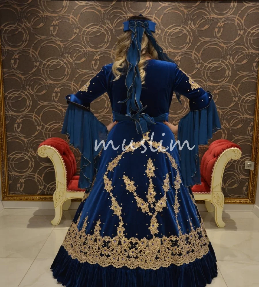 Traditional Islamic Blue Wedding Dress Turkish Ottoman Muslim Bridal Gowns 2025 Beaded Gold Lace Istanbul Abaya Bride Customized