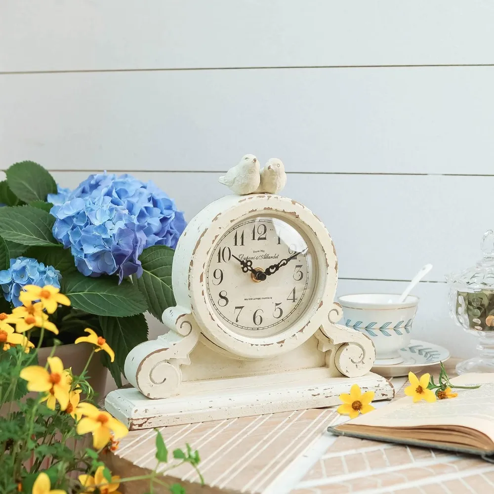 

Винтажные настольные часы Mantel с двумя птицами, бесшумная нетикающая настольная полка на батарейках для декора гостиной, потертый белый цвет