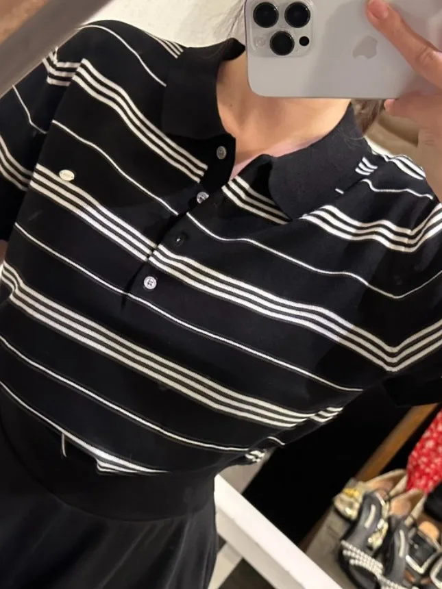 スリムフィット ストライプ ポロシャツ Tシャツ レディース 夏 半袖 アメリカン ヴィンテージ トップス トレンディ 通勤スタイル レギュラーフィット 中程度の柔らかさ