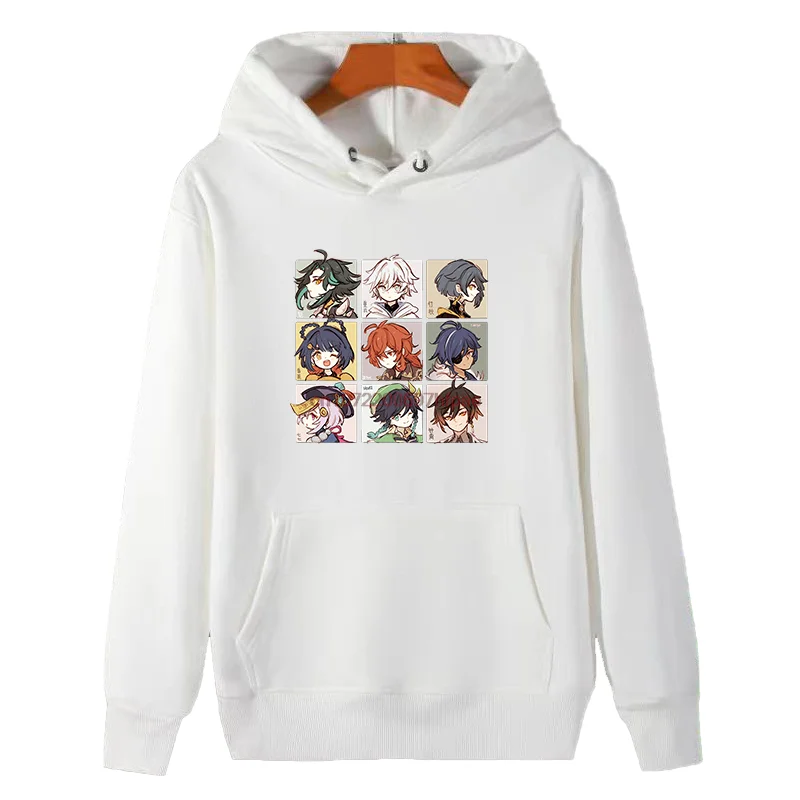 Cute Chibi Anime Game Characters 9‑Grid Avatar Graphic Hoodie Black Pullover Sweatshirt Kangaroo Pocket Casual Unisex Game Fan Streetwear Gift