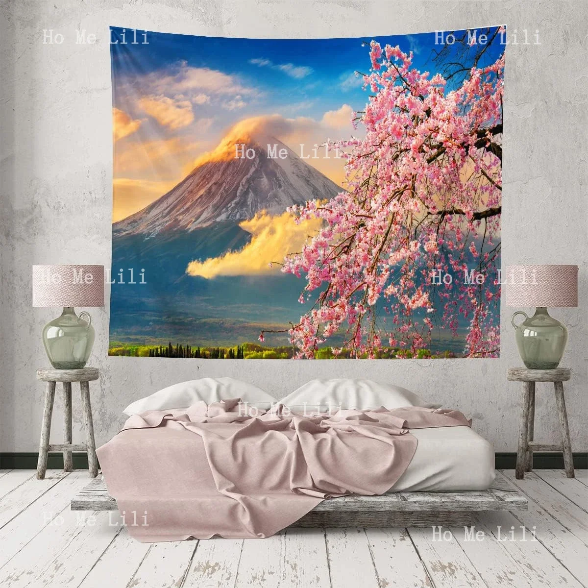 

Японский розовый гобелен Сакура, вишневые цветы, гора Fuji, Японские Настенные подвески