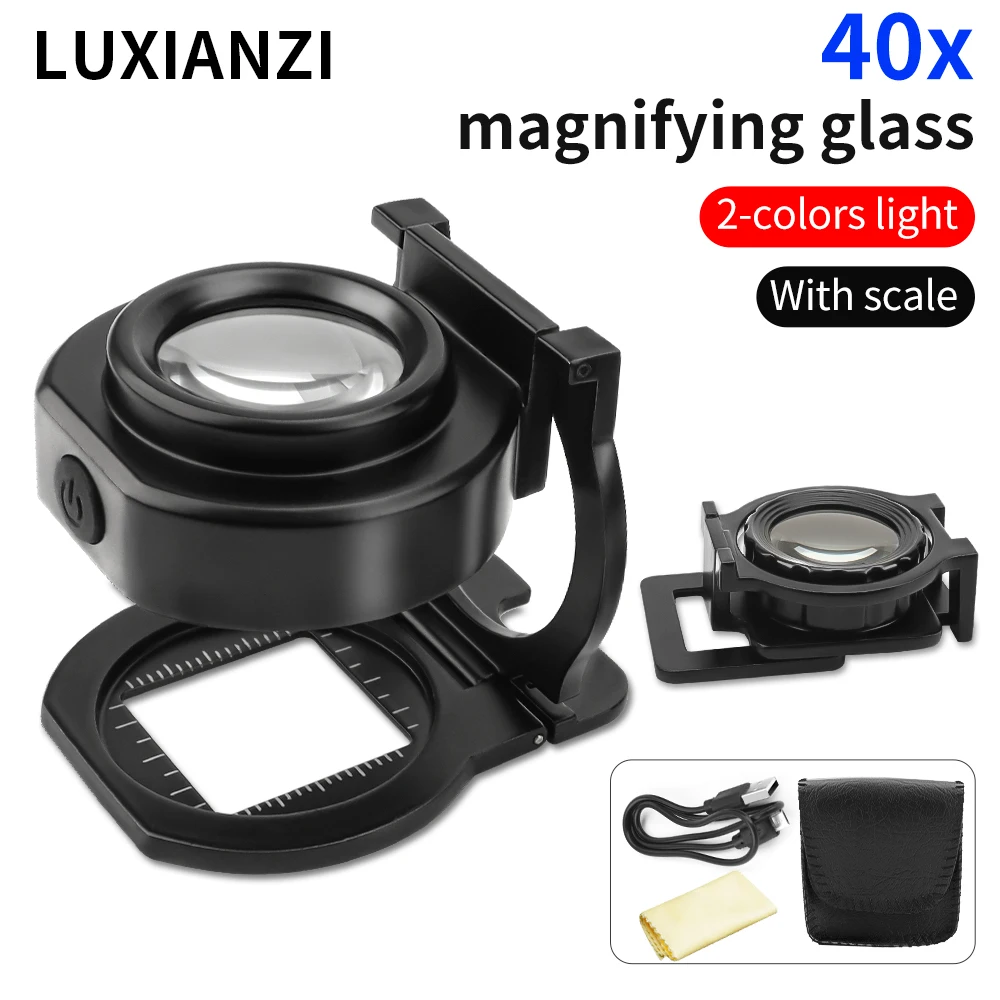 Luxiani-lupa Dobrável com Led Lupa para Leitura de Auxílio Inspeção Jóias Lupa Óculos de Metal Portáteis Usb 40x