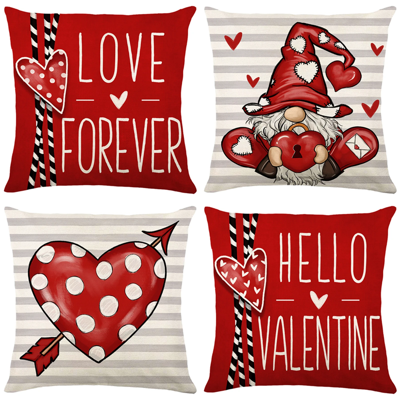 4Pack Valentine\'s Day Decor Pillowcase Soft Linen Square Throw Pillow Covers Bed Sofa Pad Waist Cushion Covers Red Pillow Cases