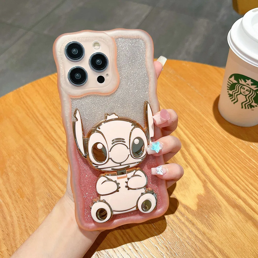 Stitch Kawaii Anime Phone Holders with Mirrors Cartoon Phone Back Stickers Portable Unniversal Bracket Ornaments Gifts for Girls