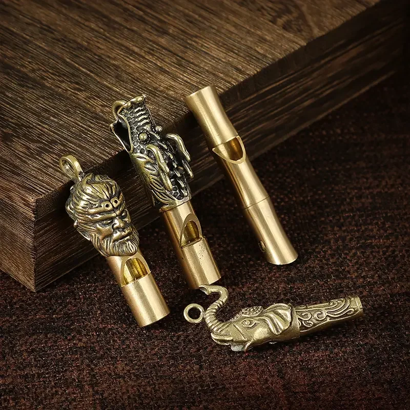 Outdoor Sports SOS Whistle Survival Hiking Key Chain Pendant Metal Brass Carved Chinese Dragon Animal Whistle Pendant Necklace