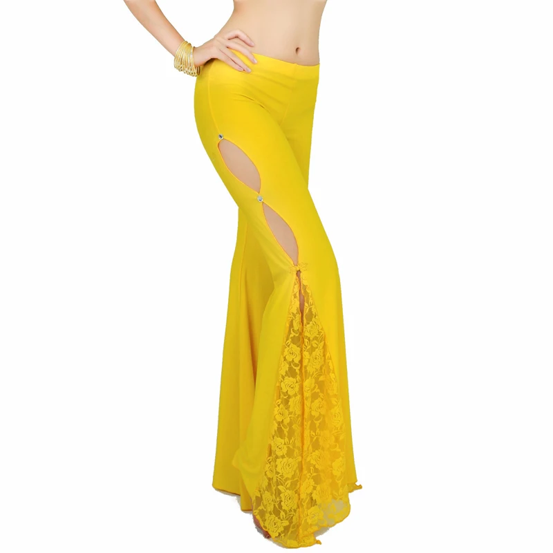 Women's Sexy Flare Dance Pants Belly Dance Costume Lace Sides Split Pants Lace Bollywood Indian Dance Costume, No Waist Chain