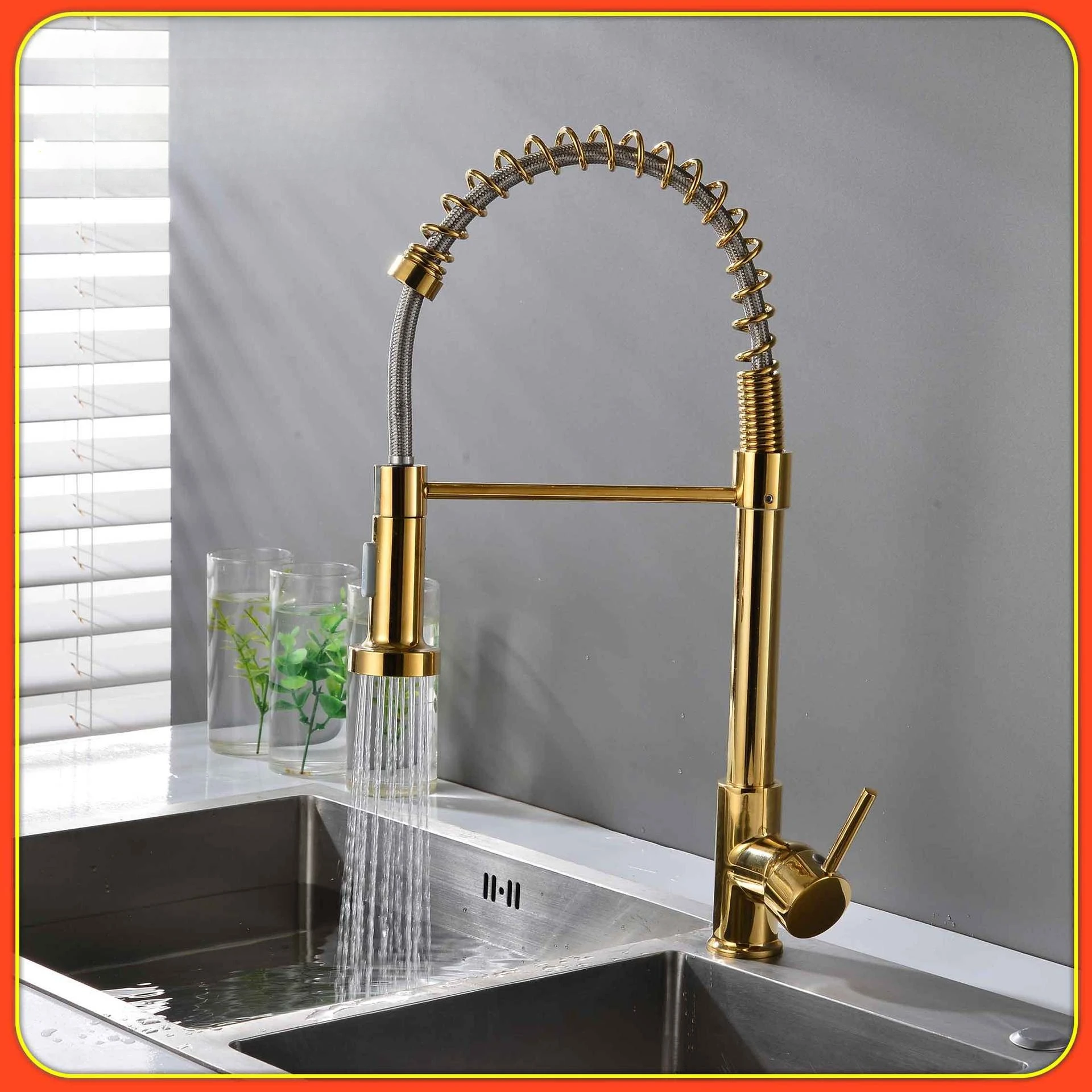 Gold Spring Pull Kitchen Faucet Hot and Cold Multi-function Sink Sink Faucet