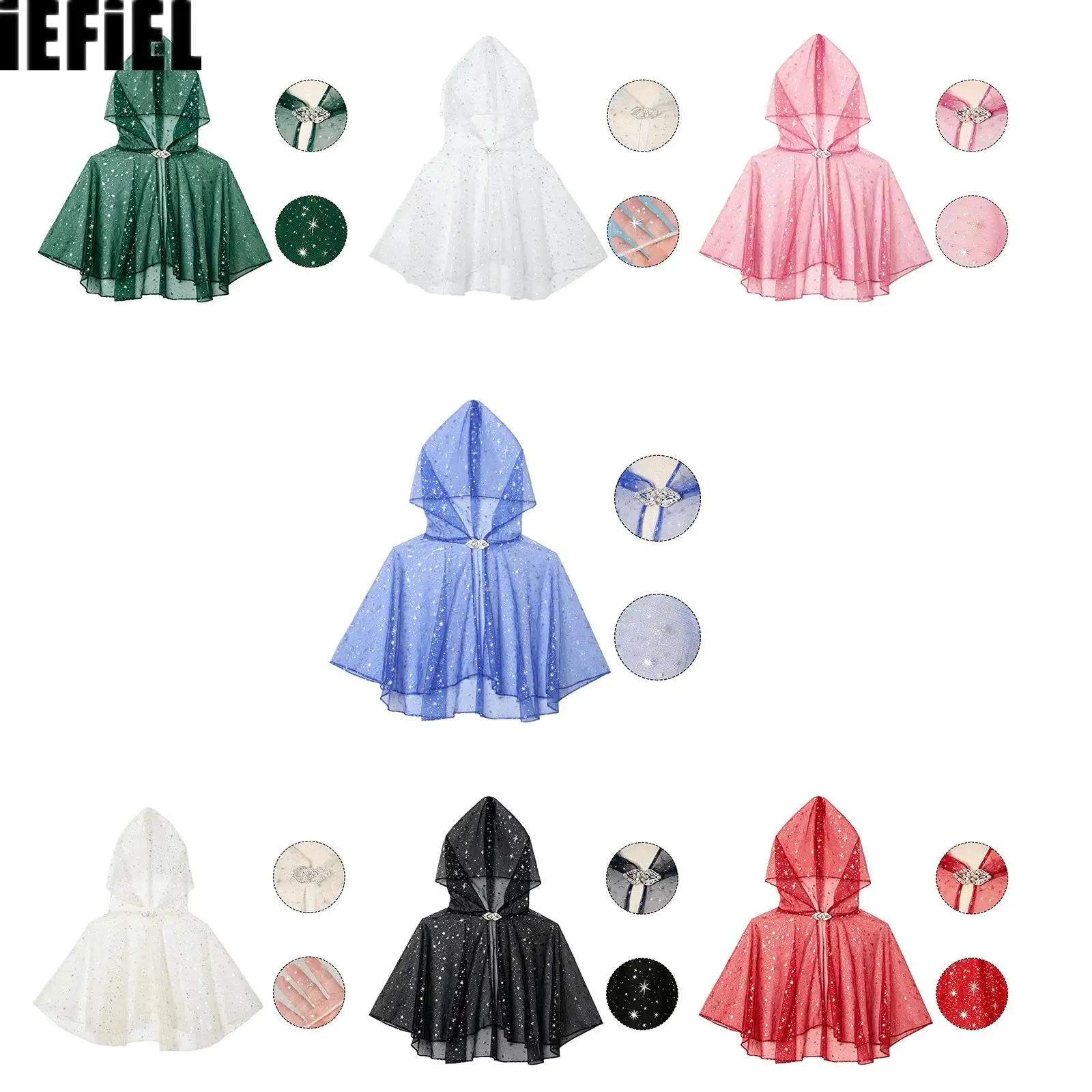 Women Short-style Hooded Star Mesh Tulle Cape Cloak with Rhinestone Clasp for Cosplay Stage Performance Halloween Party