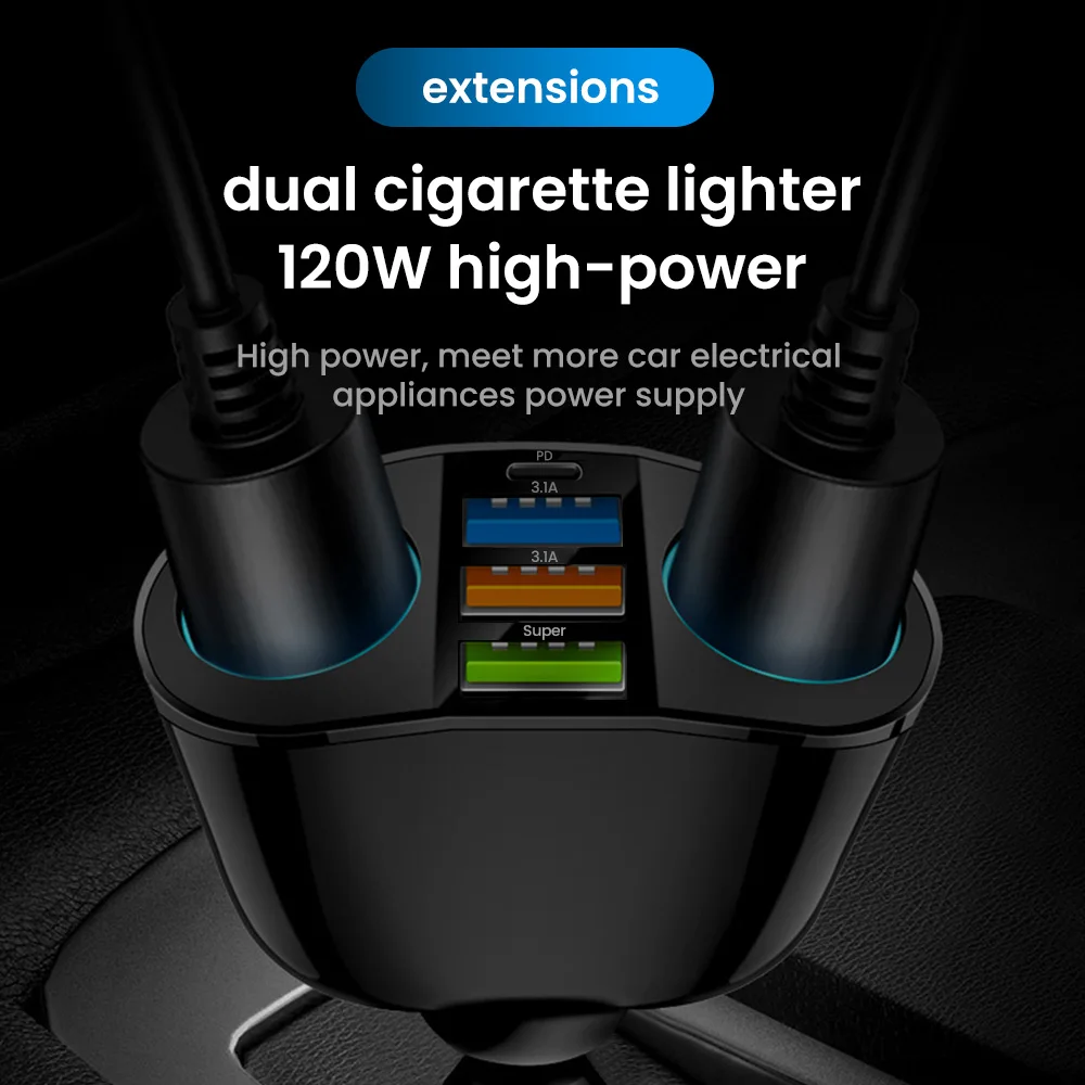 شاحن سيارة Elough 66W فائق السرعة QC3.0 مع شاشة رقمية 2 في 1 شاحن سيارة USB متعدد الوظائف #5