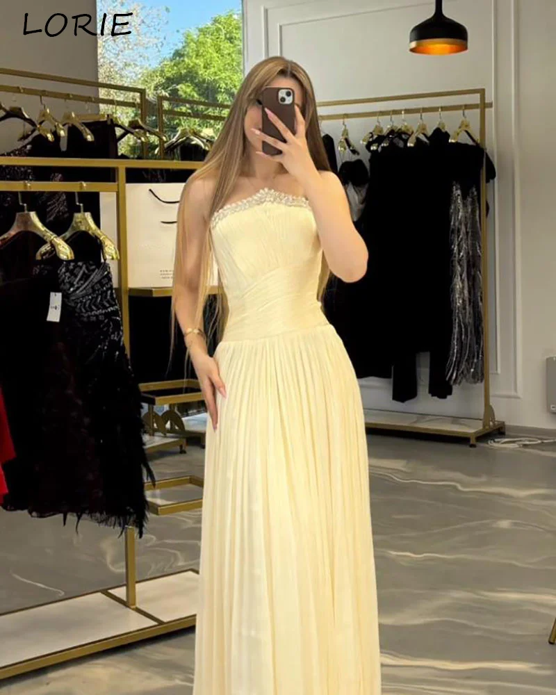 

LORIE Shiny Pleats Yellow Evening Dresses Elegant Strapless Crepe Stone A-Line Prom Gown Ruffle Long Party Dresses Customized