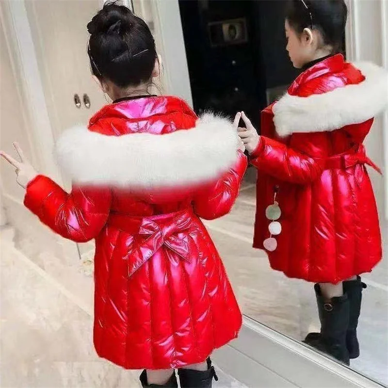 -30℃ Glossy Thick Warm Coats Winter Big Kids Hooded Fleece Warm Outerwear Cashmere Parka Snowsuit Jackets Girls Cotton Clothes