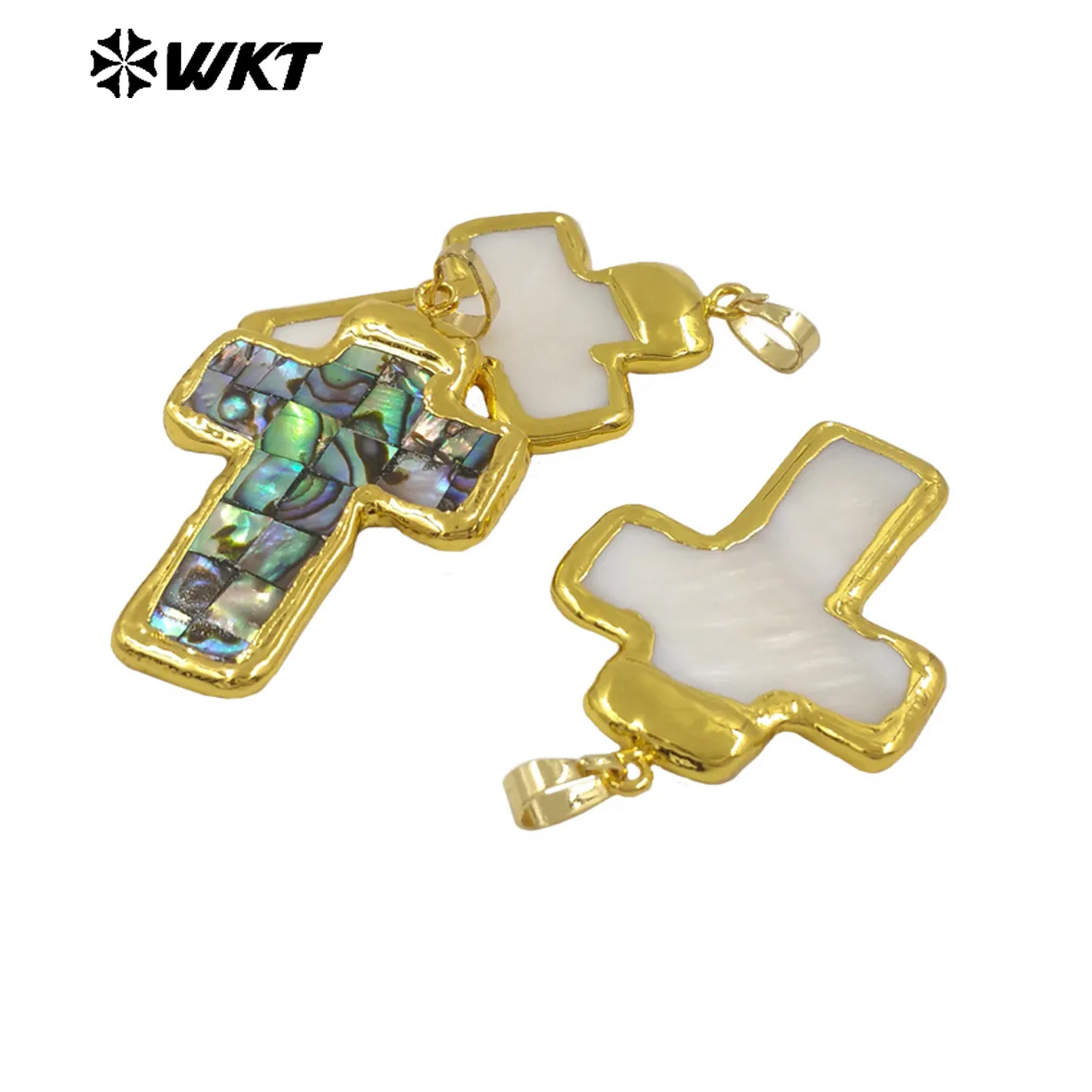 

WT-JP407 Wholesale Newest Exquisite Pendant With Natural Abalone And White Shell Gold Edged Block Stitching Cross Shape DIY
