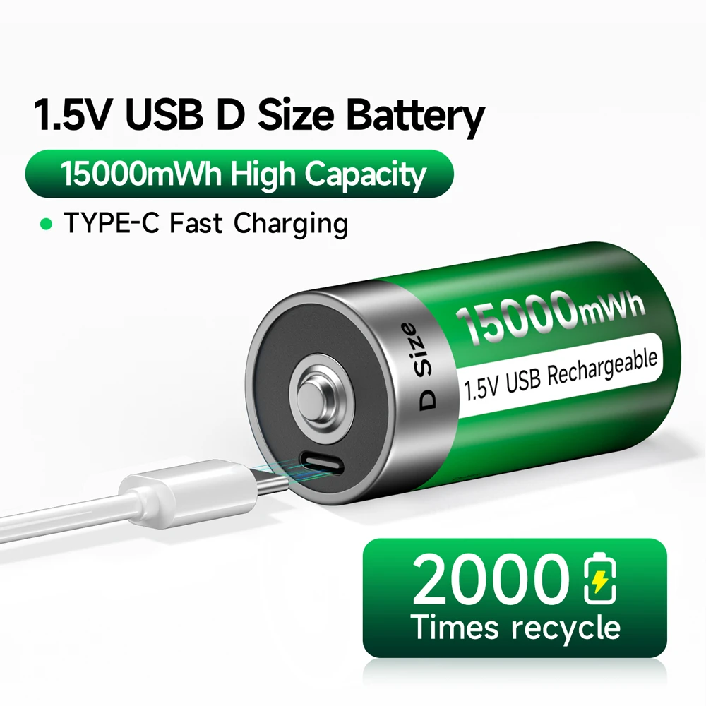 1,5V LR20 15000mWh D-Größe Wiederaufladbare Batterie R20 D-Zellen Lithium-Batterien für Taschenlampen, Gaskocher und Wassererhitzer