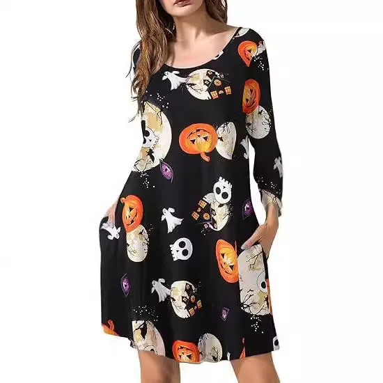 Women’s Casual Trendy Halloween Printed O-neck Long Sleeve Above Knee Length Dresses Autumn Winter New Fashion Female Clothes